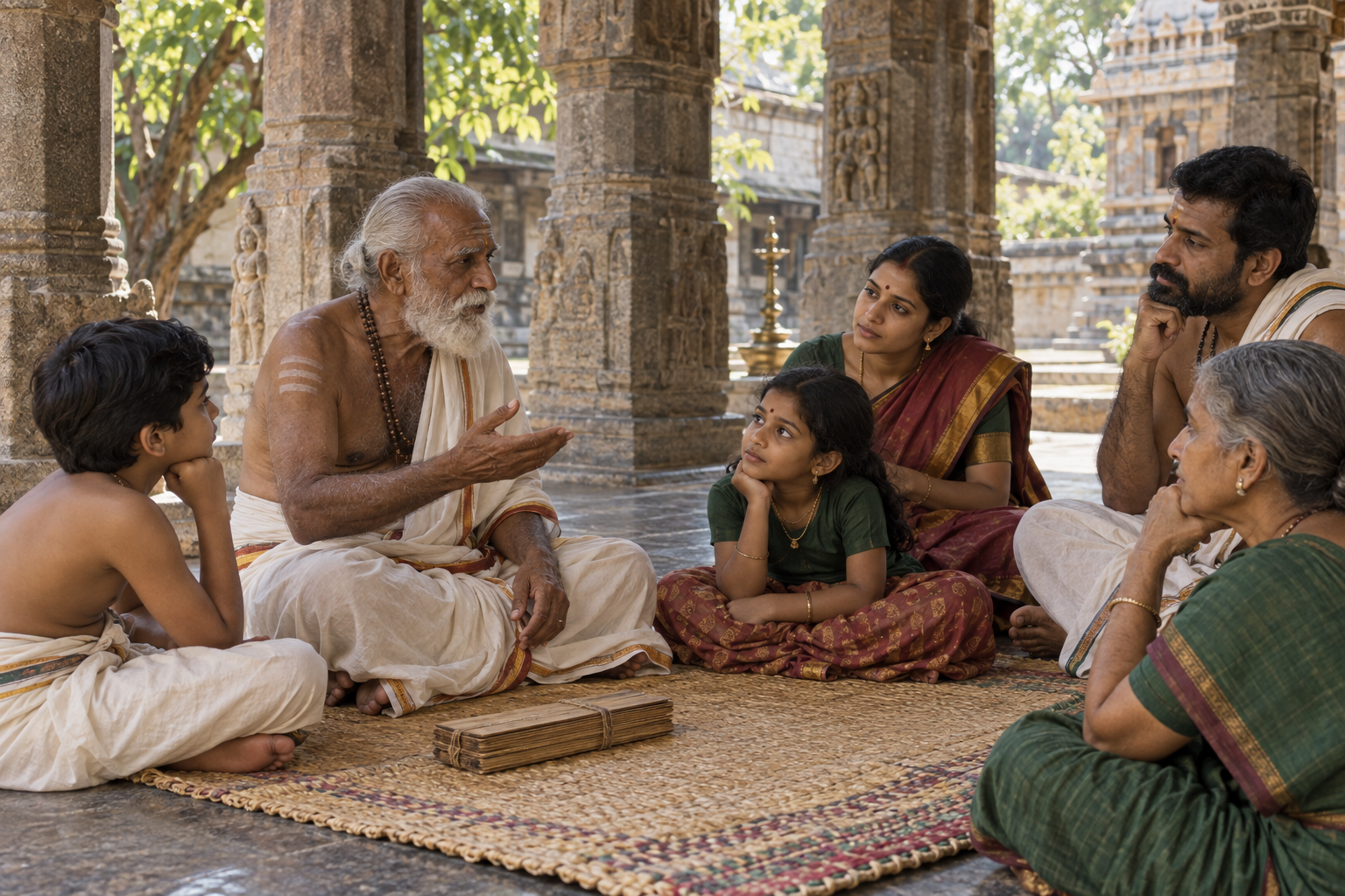An elderly storyteller speaks to an attentive group seated in a shaded stone temple courtyard.