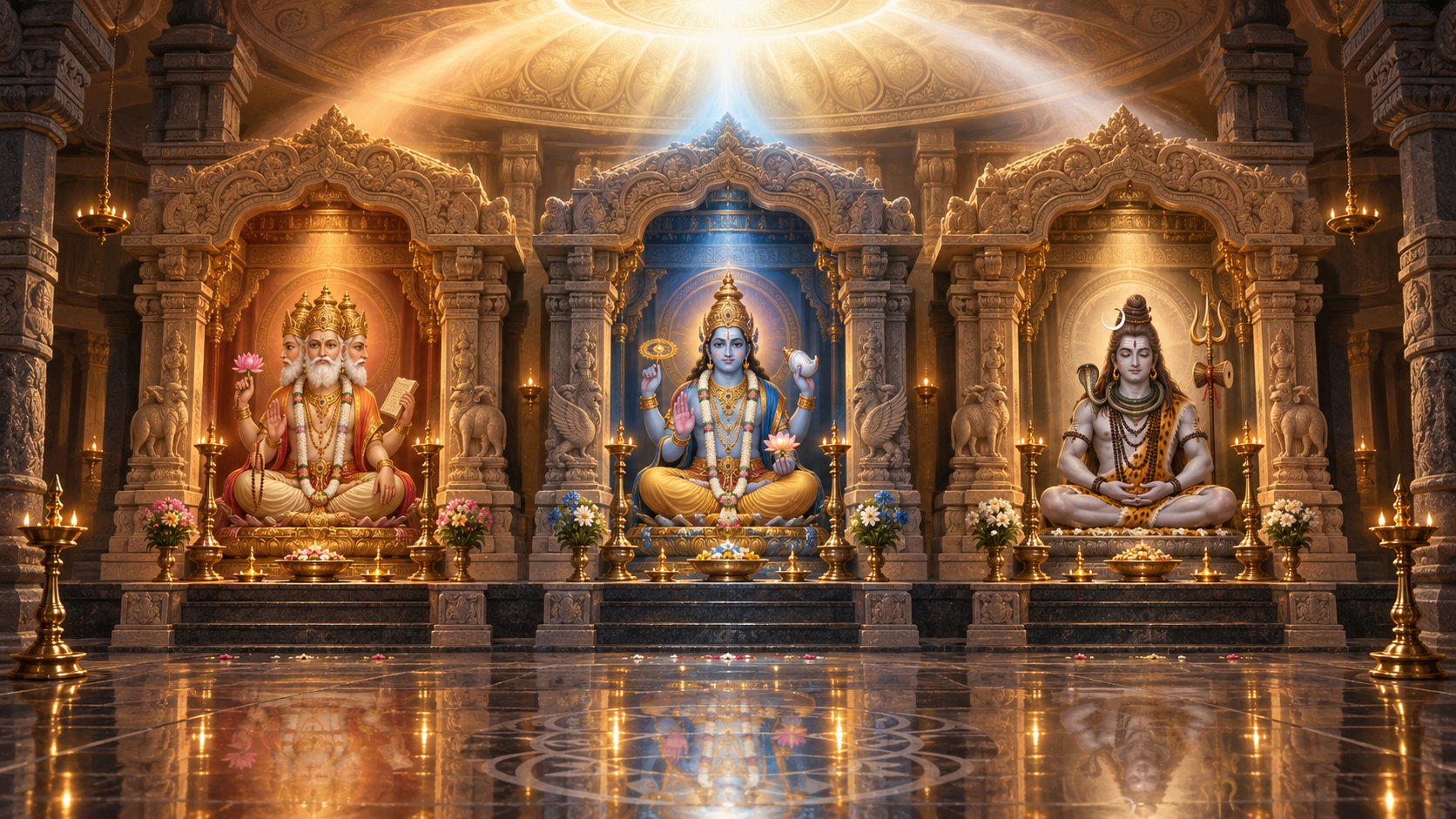 Three equal temple sanctums contain images of Brahma, Vishnu, and Shiva, while beams of light from each meet in one glowing dome above.