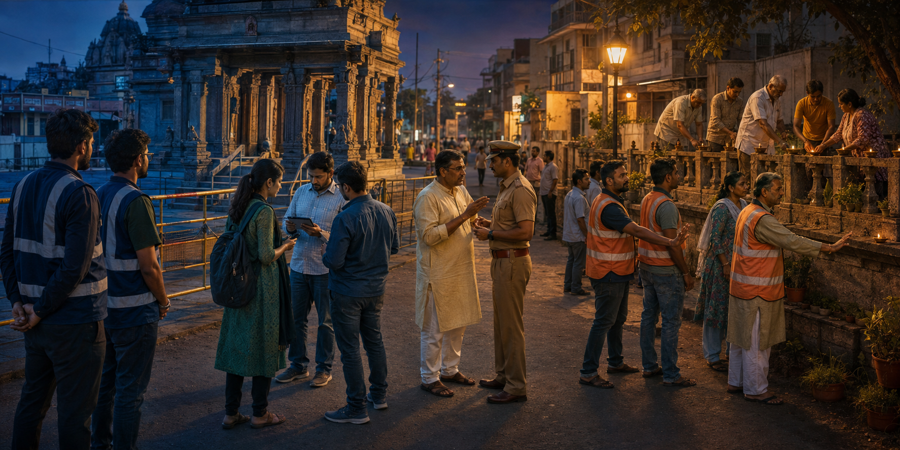 Volunteers verify evidence, brief a civic officer, guide residents away from confrontation, and help repair a temple railing as lamps are relit.