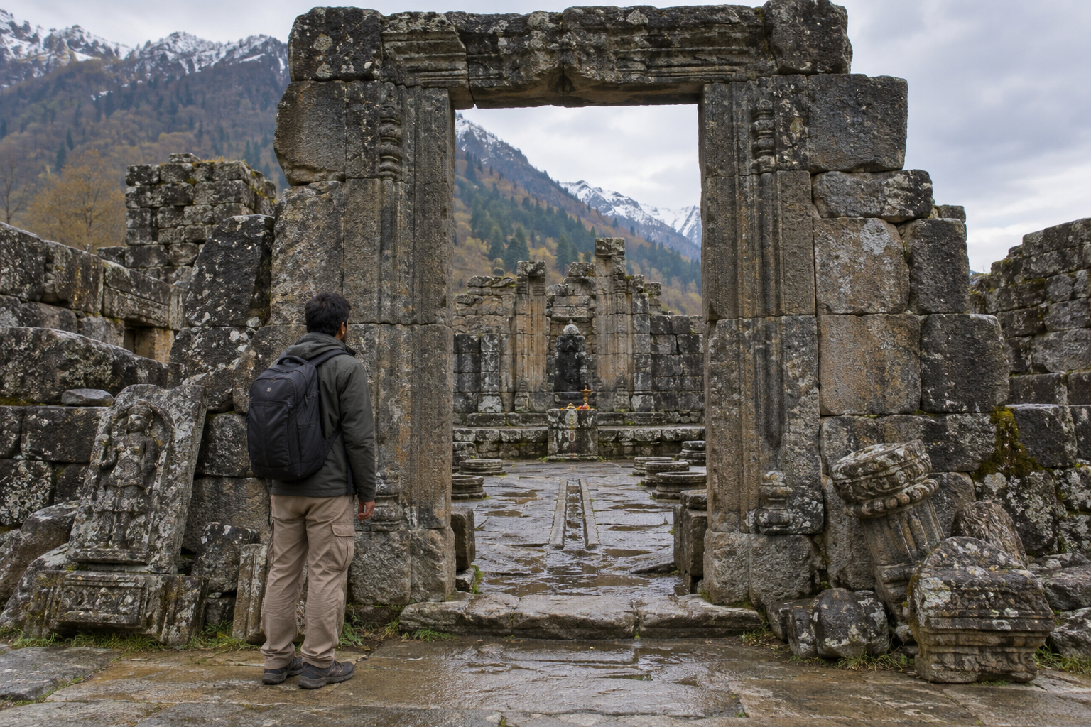 A visitor studies the doorway, foundations, carved stone fragments, lamp, and fresh flower offerings in a weathered temple courtyard.