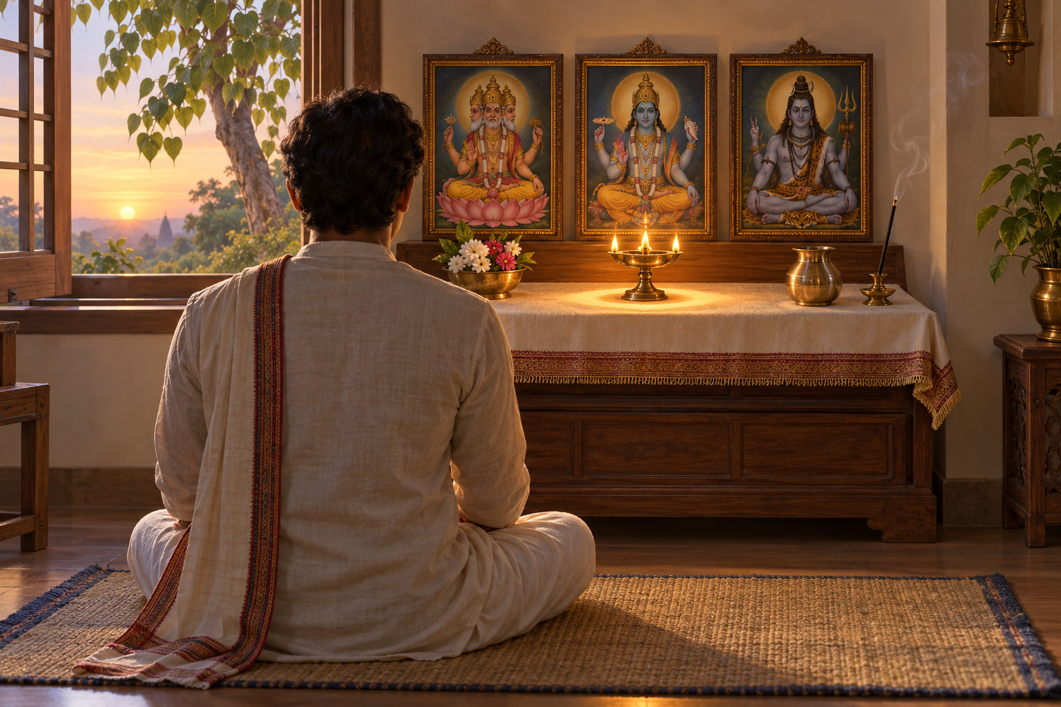 A seated practitioner contemplates small images of Brahma, Vishnu, and Shiva beside a brass lamp whose three flames cast one overlapping circle of light.