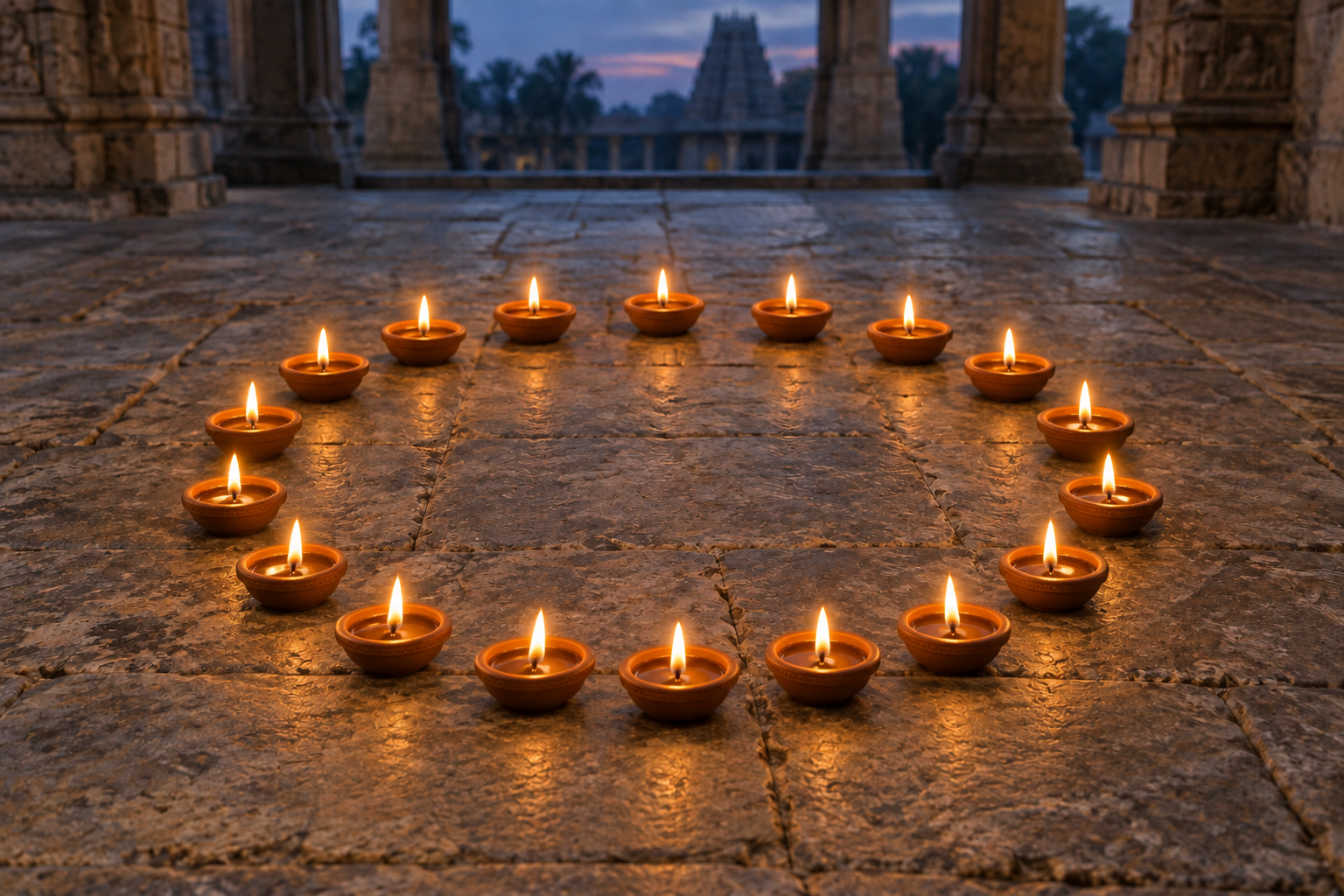 Eighteen equally sized earthen lamps burn in a circle on a stone temple floor.