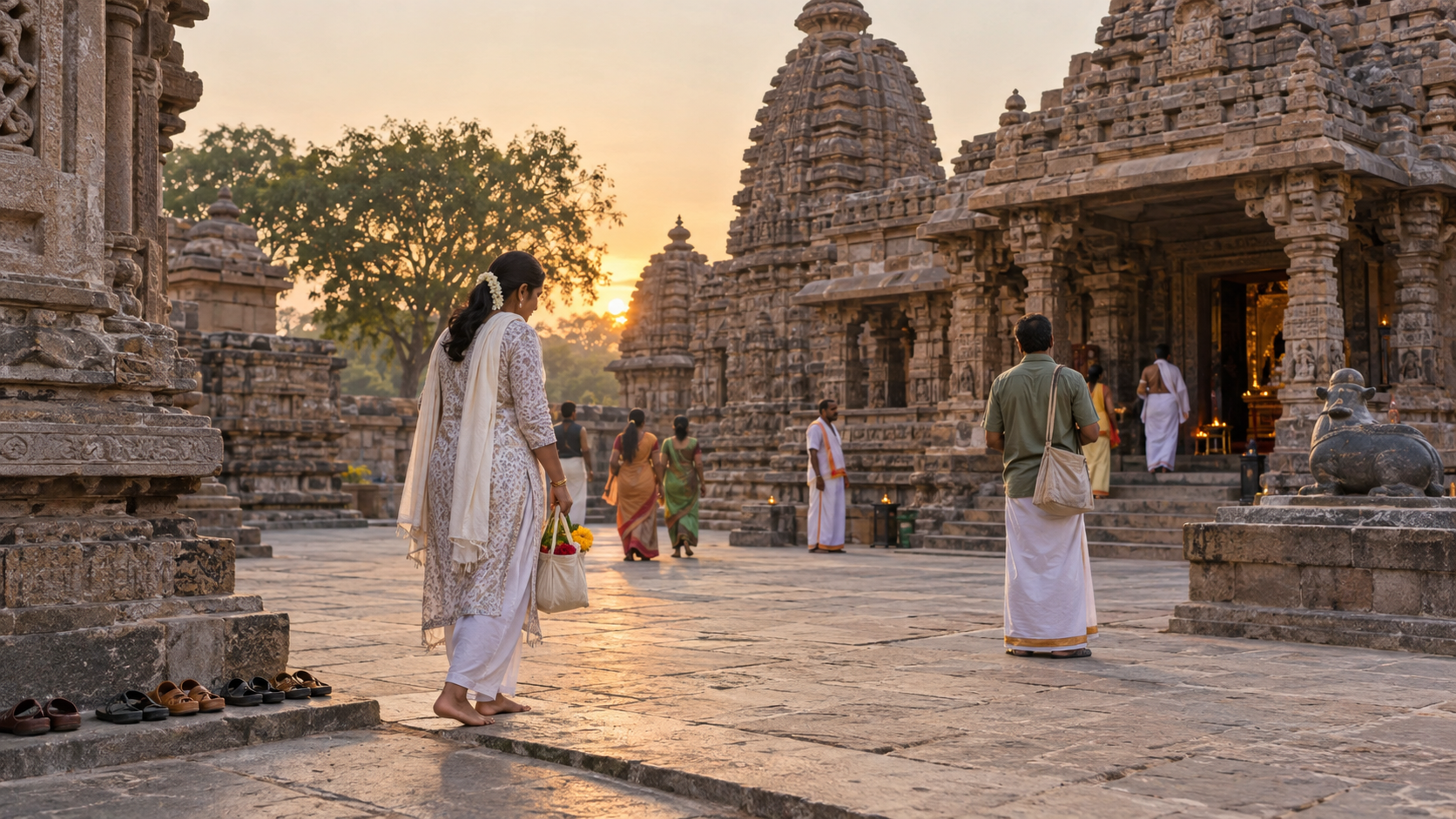 A modestly dressed pilgrim leaves footwear beside a stone walkway and carries flowers and fruit toward the temple courtyard.