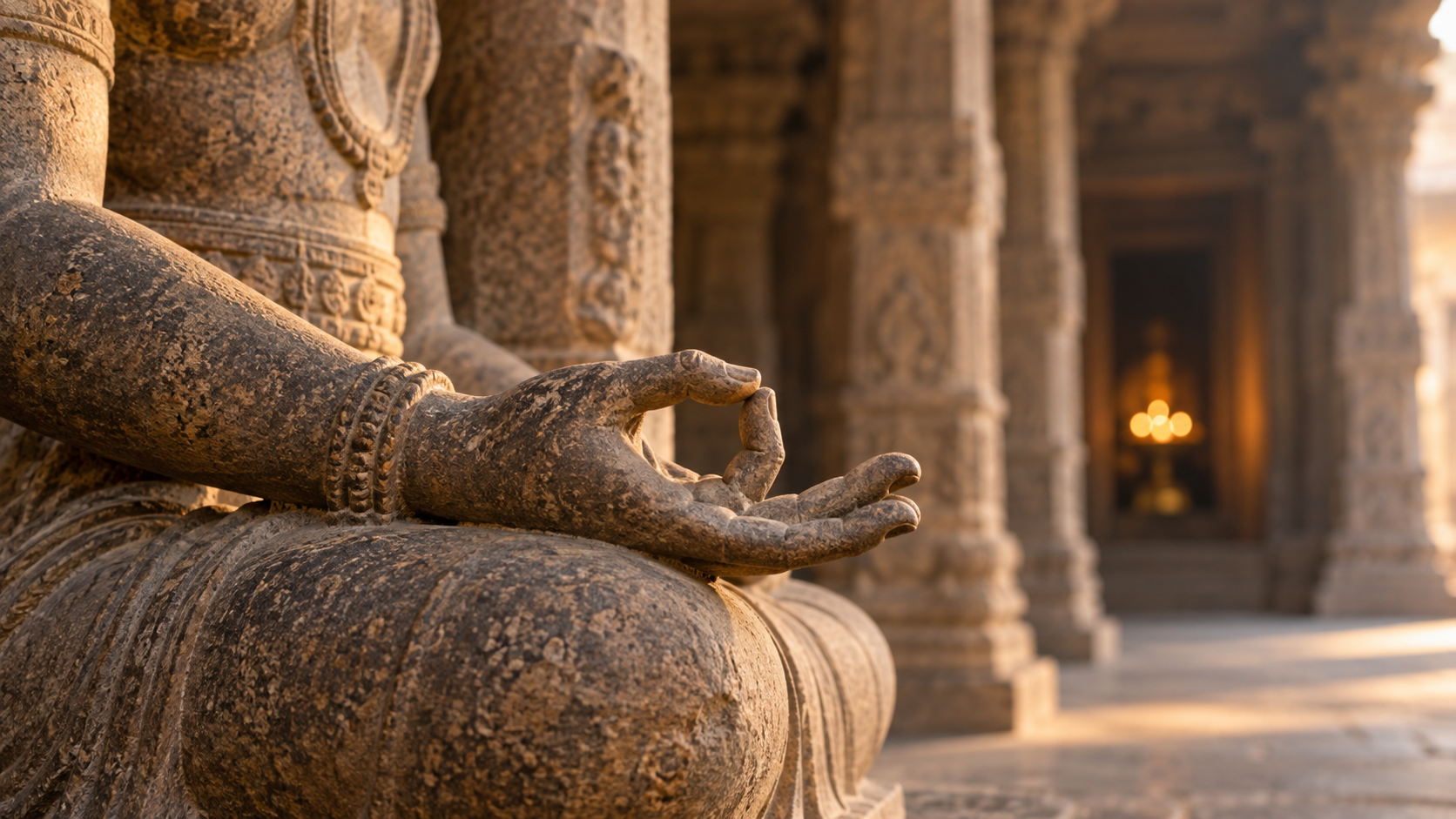 Close view of a seated stone figure in a temple, with the thumb and index finger touching in Jnana Mudra while the other three fingers extend.