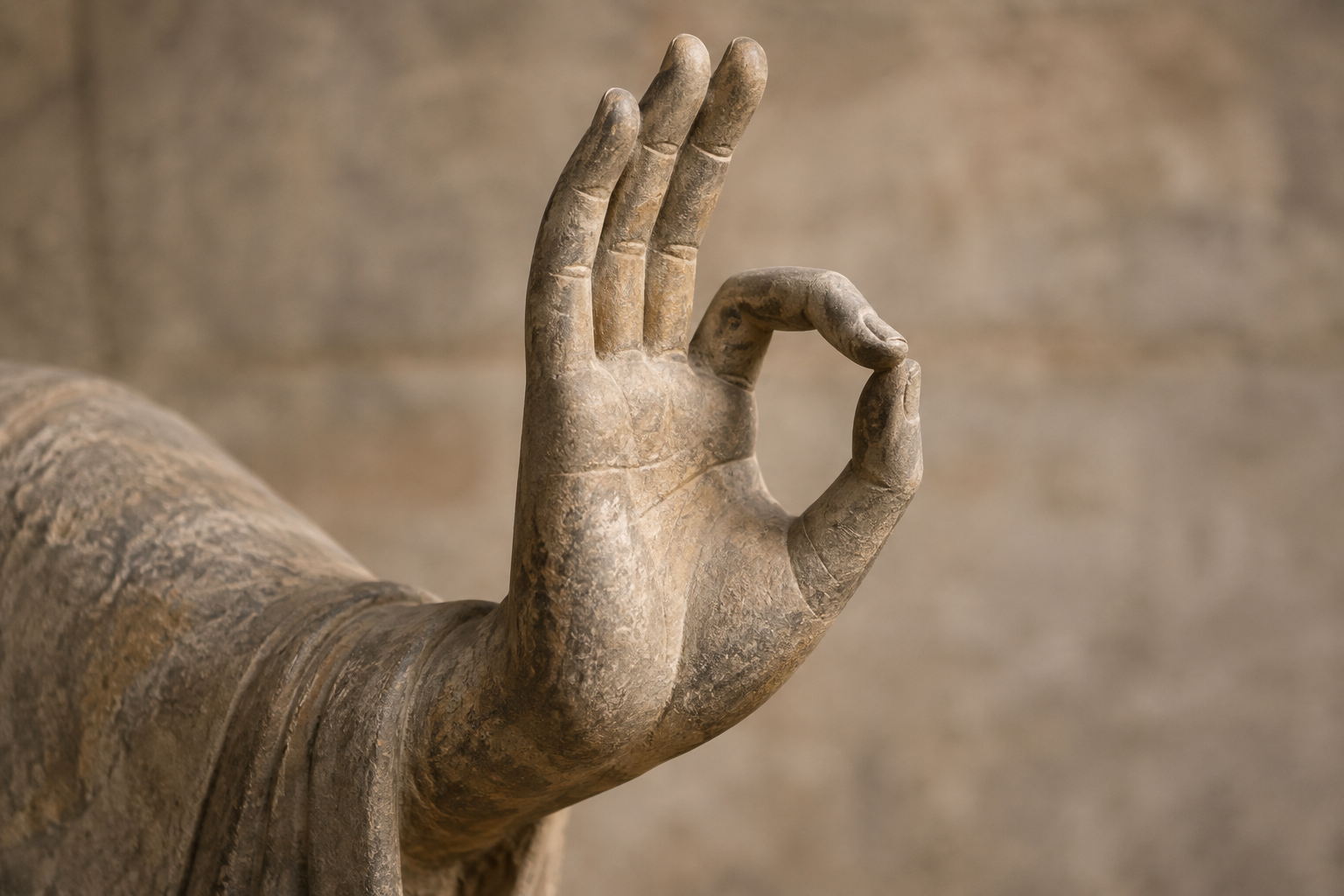 Detailed stone hand with the thumb and index fingertip joined in a circle and the remaining three fingers extended.