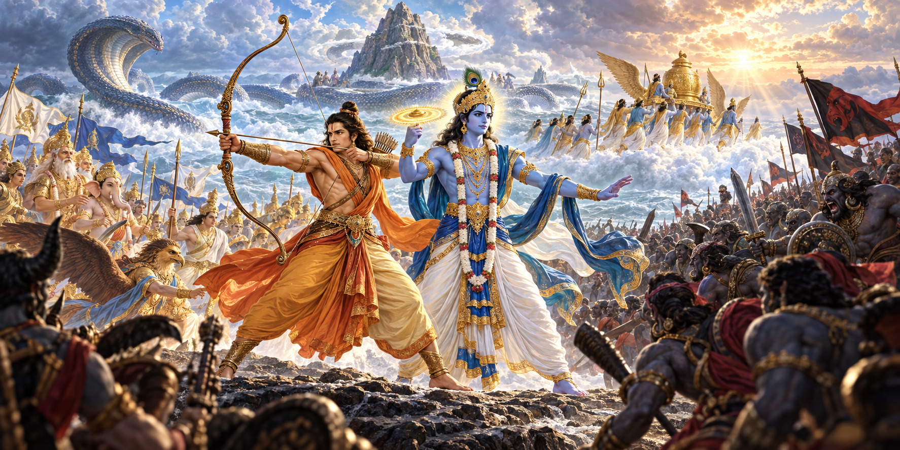 Nara draws a bow beside blue-skinned Narayana holding a radiant discus as devas and asuras battle near the milk ocean after its churning.