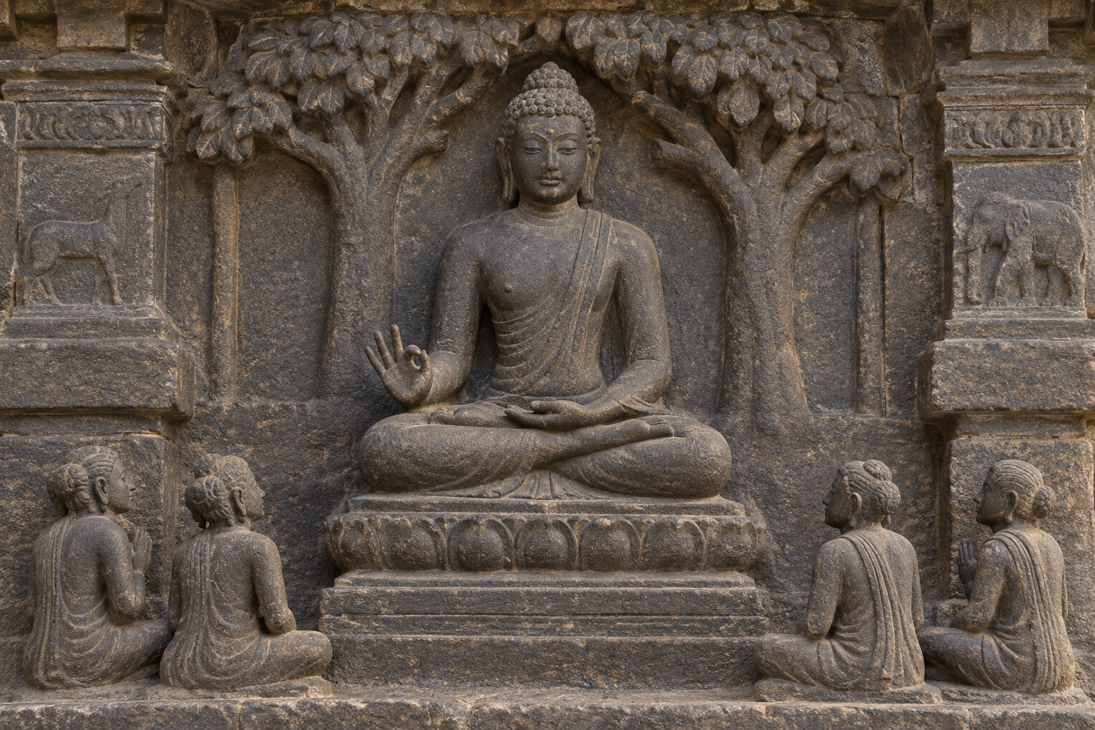Seated stone teacher figure making Jnana Mudra near the knee, with small attentive figures gathered below.