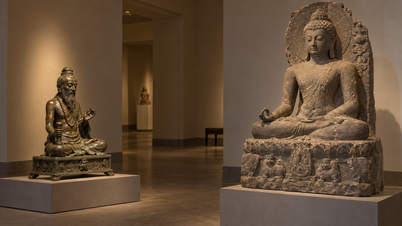 Bronze and stone seated figures in a museum, each showing a thumb-and-index-finger gesture within a different full-body context.