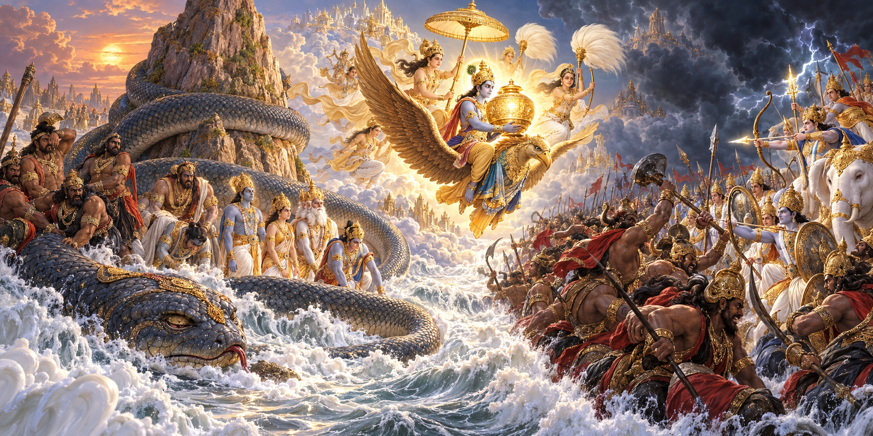 Devas and asuras move from churning the milk ocean together to confronting one another after the nectar vessel is taken to safety.