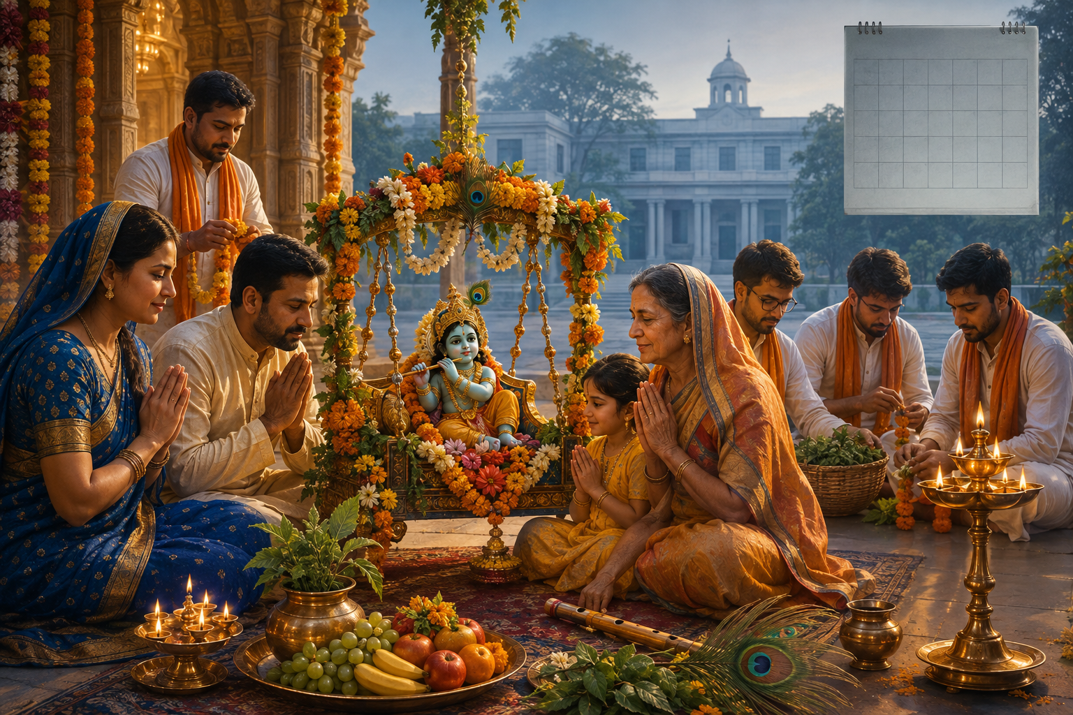 A Hindu family and temple volunteers gather around a decorated infant Krishna cradle while a civic building and blank calendar appear in the background.