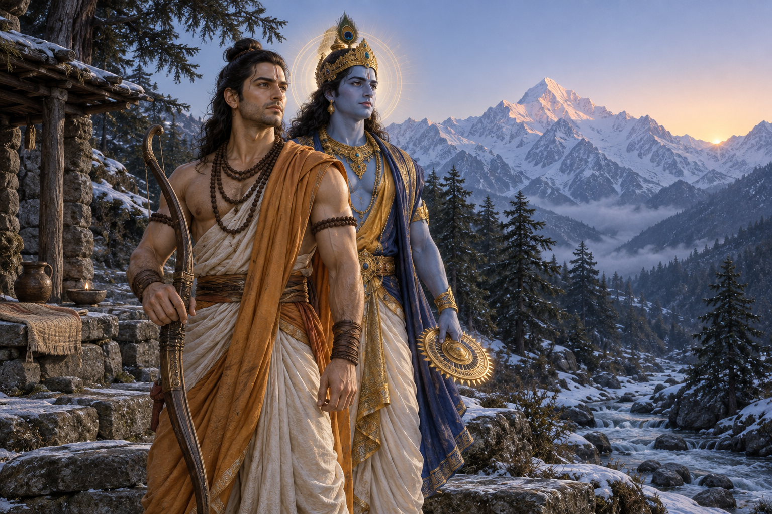 Nara stands with a bow beside blue-skinned Narayana holding a luminous discus in a quiet Himalayan hermitage.