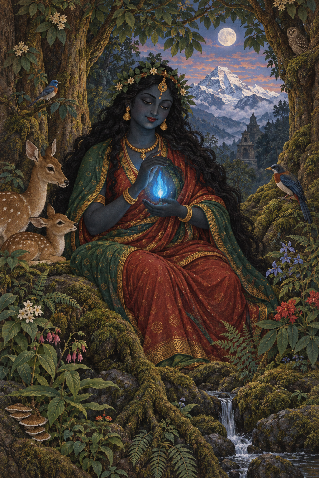 A maternal blue-black goddess stands among trees and forest animals, holding a small blue flame near her heart, with snow-covered Kailasha visible in the distance.