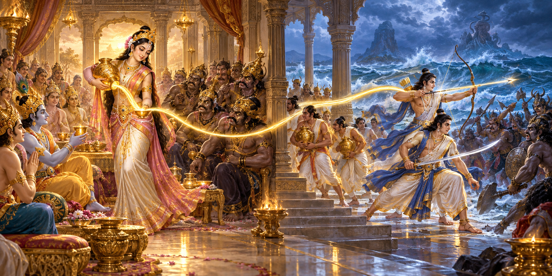 Mohini distributes nectar in a luminous hall while, beyond the colonnade, Nara and Narayana defend it from an advancing force.