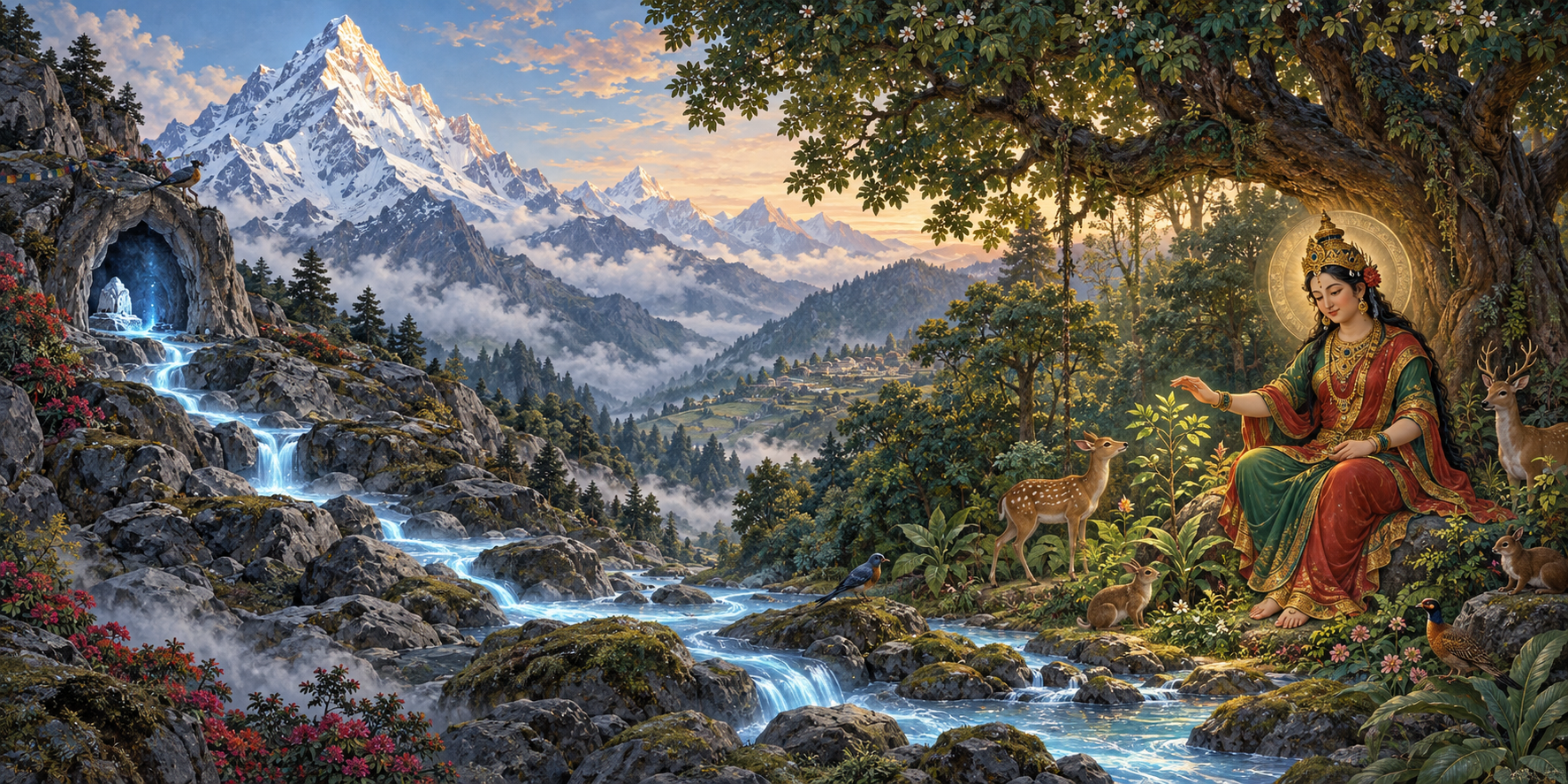 A luminous blue-white trail runs from a Himalayan cave into a dense forest, where a maternal goddess stands beneath an old tree among plants and animals.
