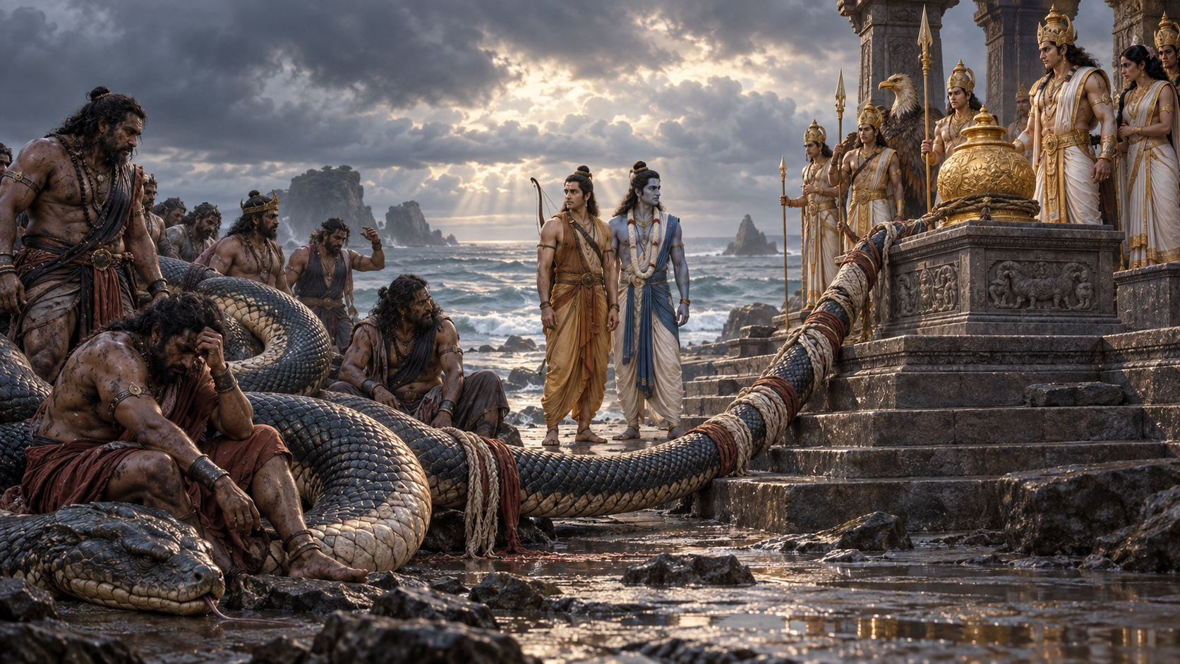 Devas guard the nectar above exhausted asuras beside Vasuki's coils while Nara and Narayana stand between the two groups.