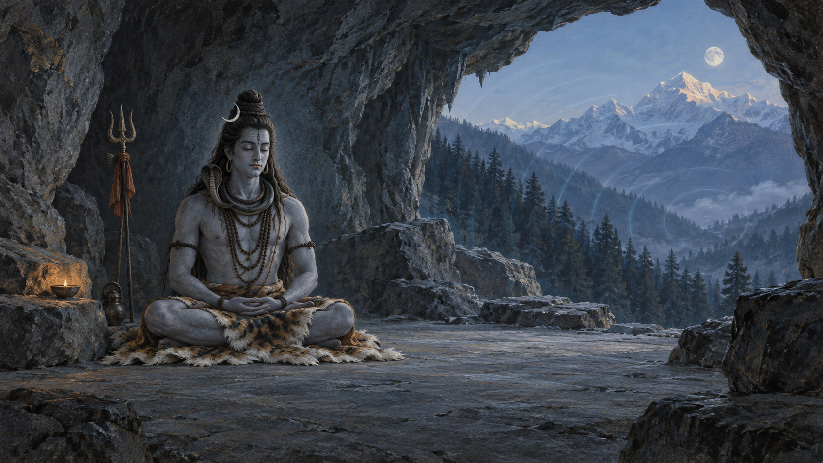 Shiva sits motionless in meditation inside a moonlit Himalayan cave as faint rings of light extend toward the forest outside.