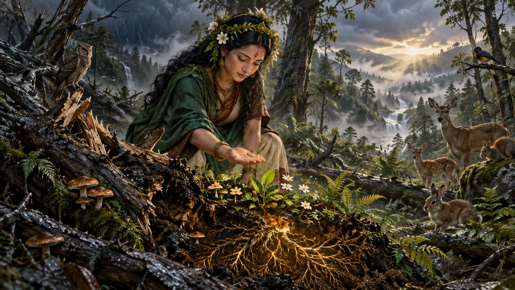 Banakali kneels beside a storm-damaged patch of forest where new leaves, mushrooms, and flowers emerge under her open hand.