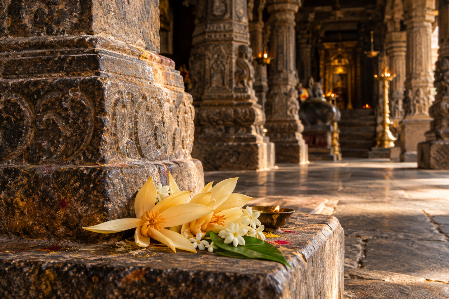 Champaka flowers rest beside the worn carved base of a granite pillar inside a softly lit temple hall.