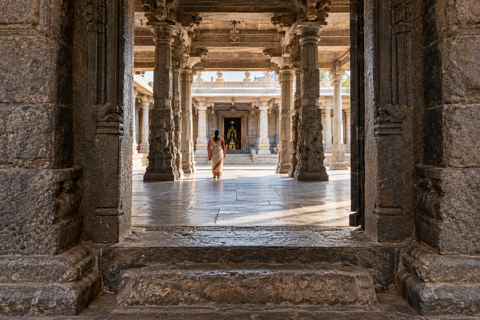 A visitor walks through aligned temple spaces whose changing pillars, masonry and finishes reveal successive building phases.