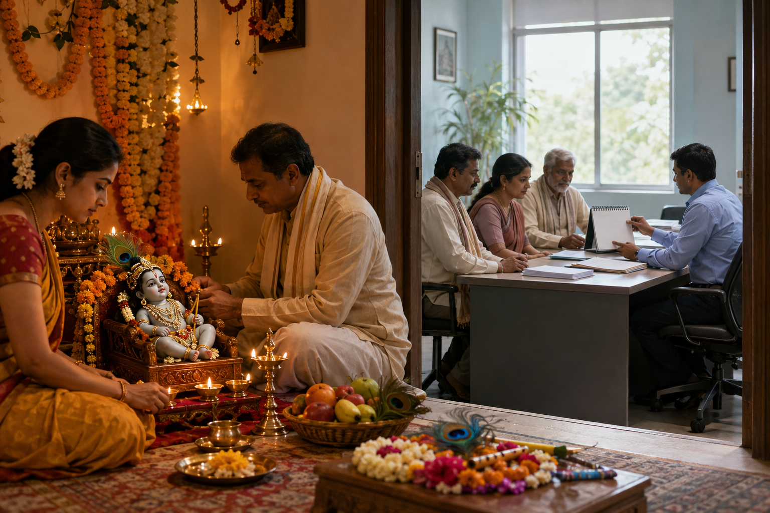 Devotees prepare a Janmashtami altar in the foreground while community representatives discuss a blank calendar at a civic office in the background.