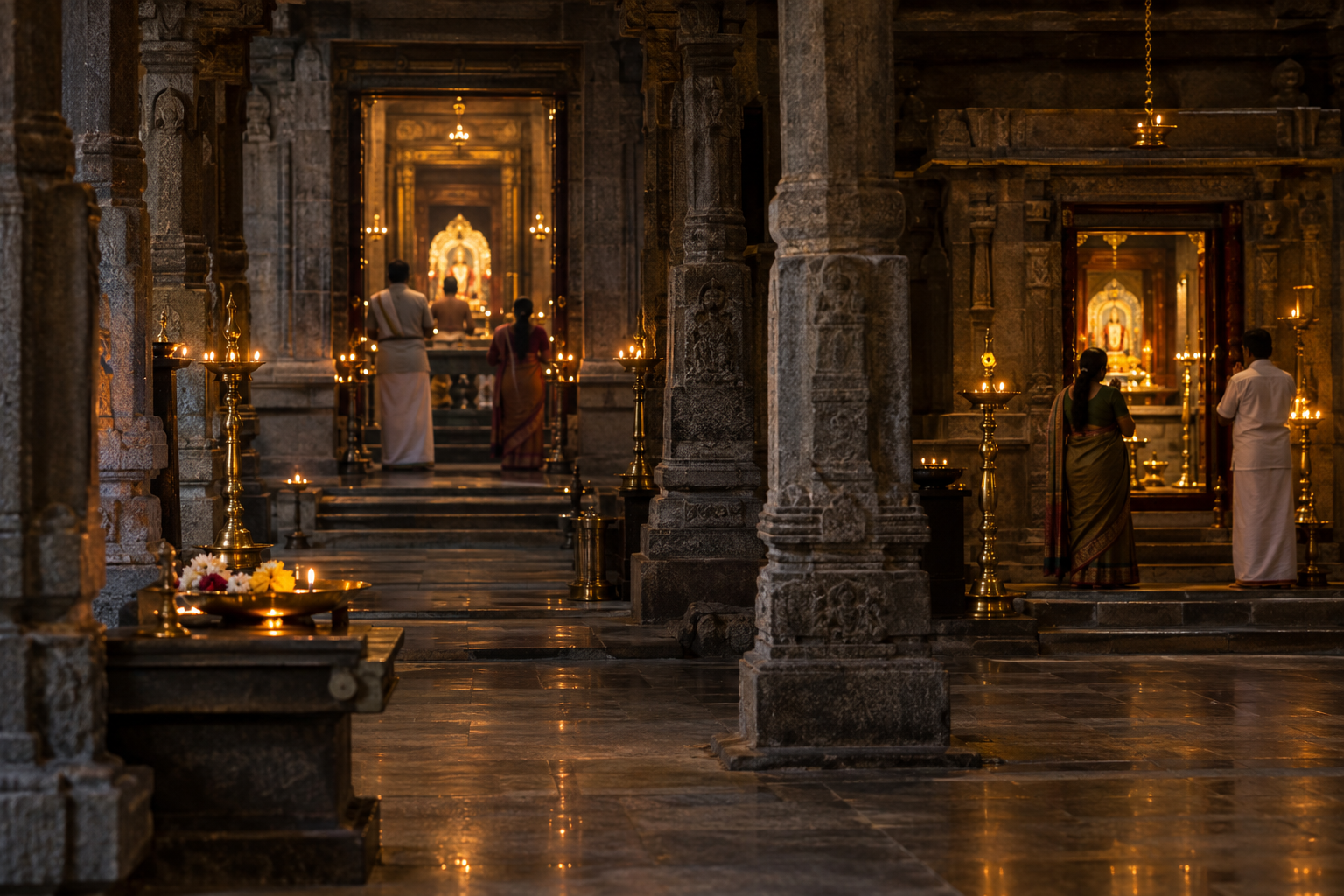 Devotees pause before two separately lit shrine entrances within the granite interior of the temple.