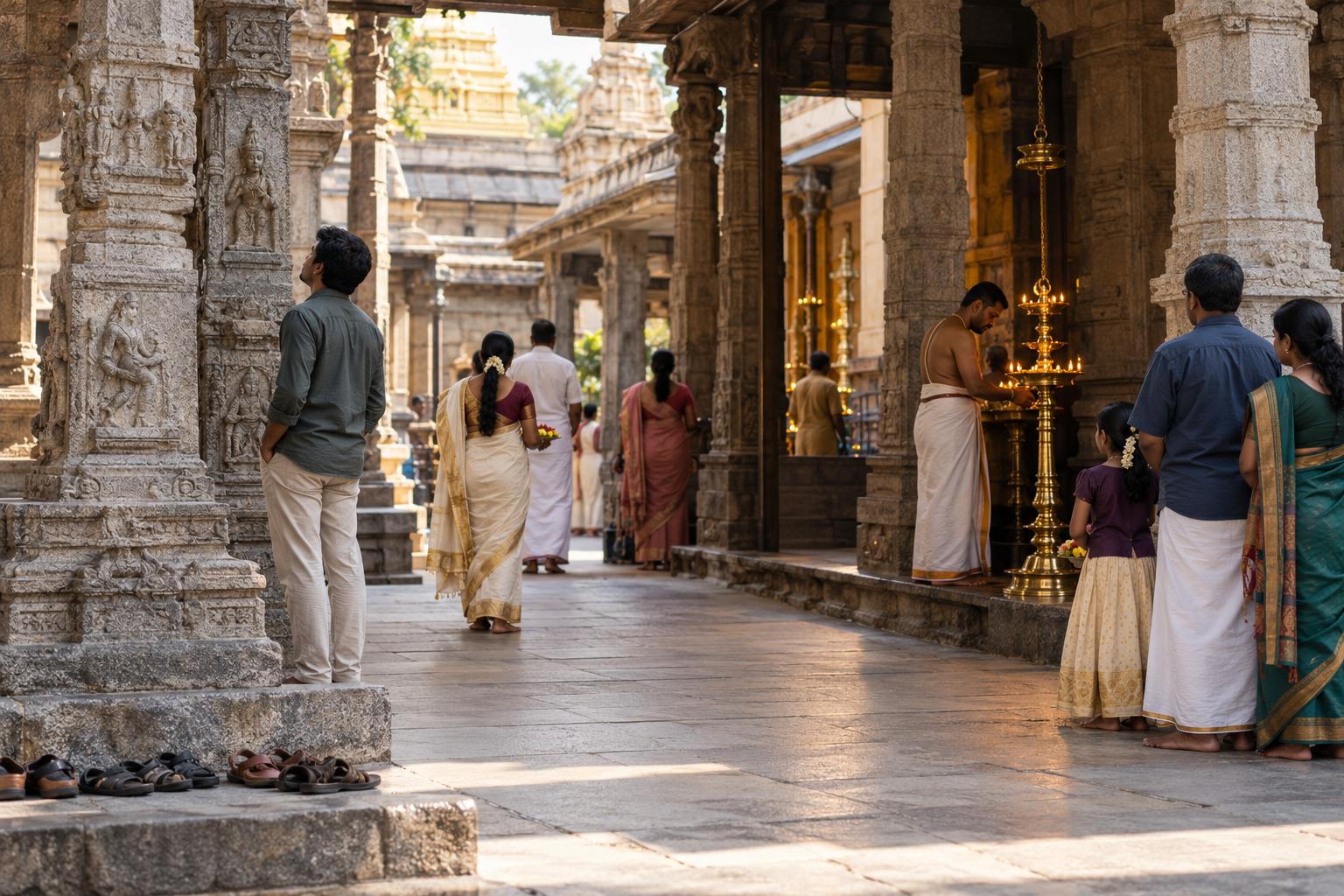 Visitors leave their footwear outside, wait quietly and observe the old stone architecture while worship continues inside the temple.