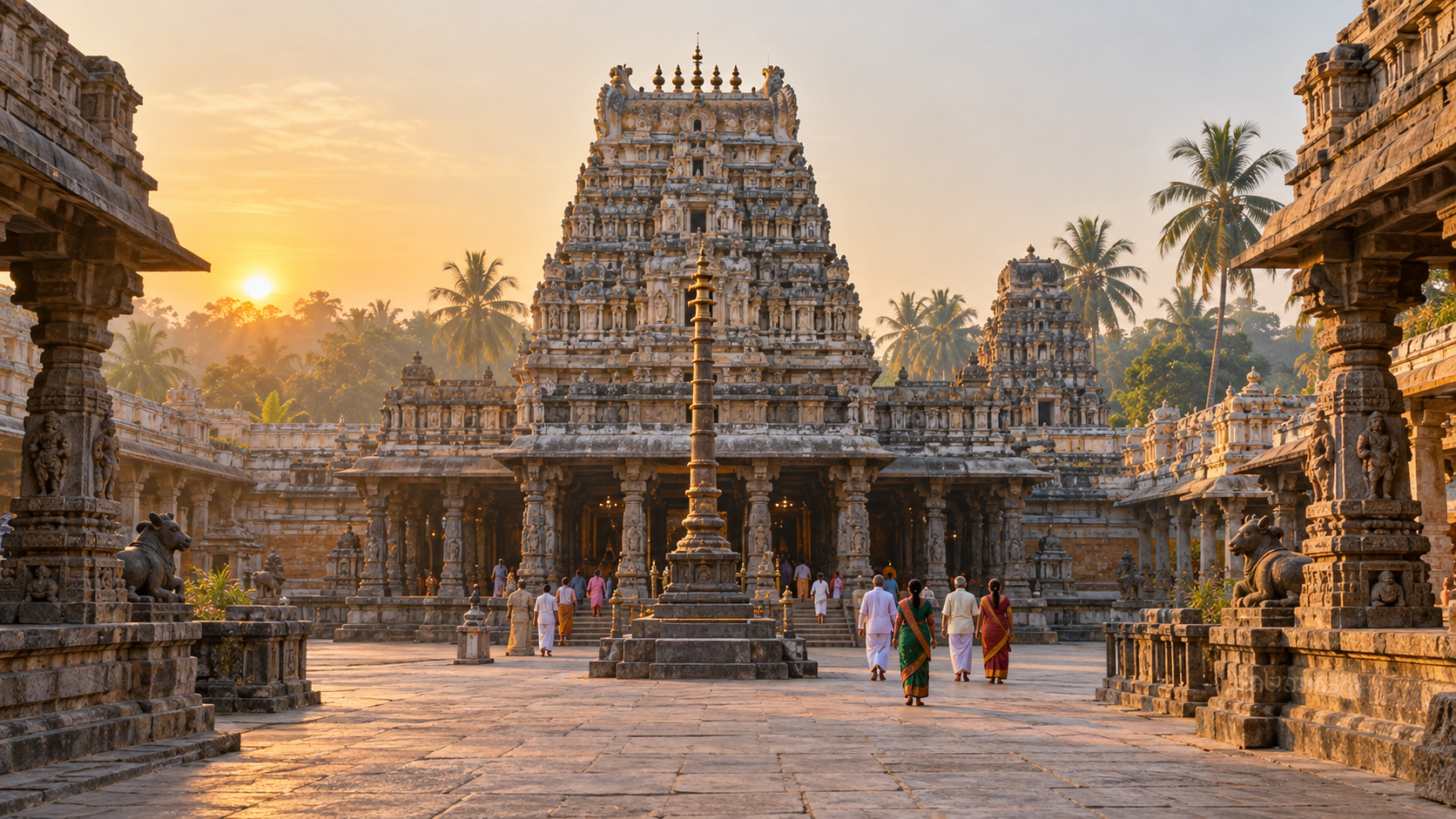 Pilgrims approach the stone gateways and courtyard of Draksharamam temple in the early morning.