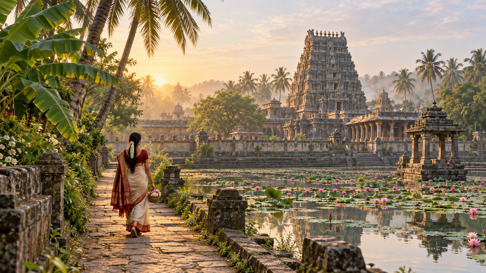 A woman carrying flowers walks toward a South Indian stone temple beside a lotus pond and tropical trees.