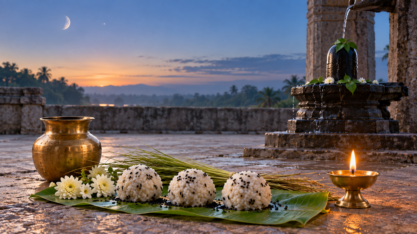 Ancestral rice offerings, darbha grass, a brass vessel and an oil lamp arranged near a separate Shiva lingam shrine at dawn.