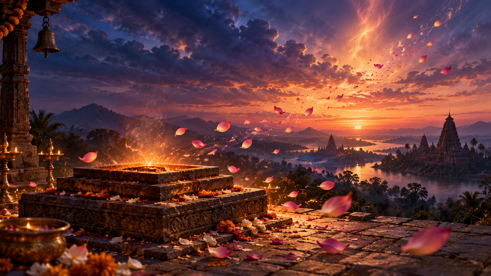 A glowing ritual fire, windblown lotus petals, and distant temple silhouettes form a symbolic sacred landscape at twilight.