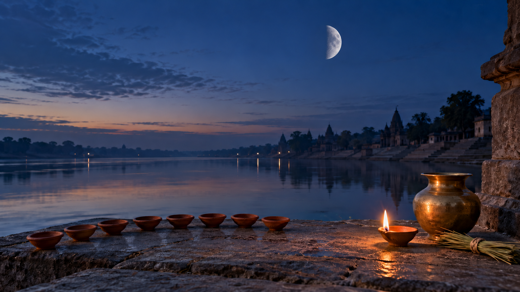 A waning moon above a riverside courtyard where eight clay lamps are arranged beside a brass water pot and darbha grass.