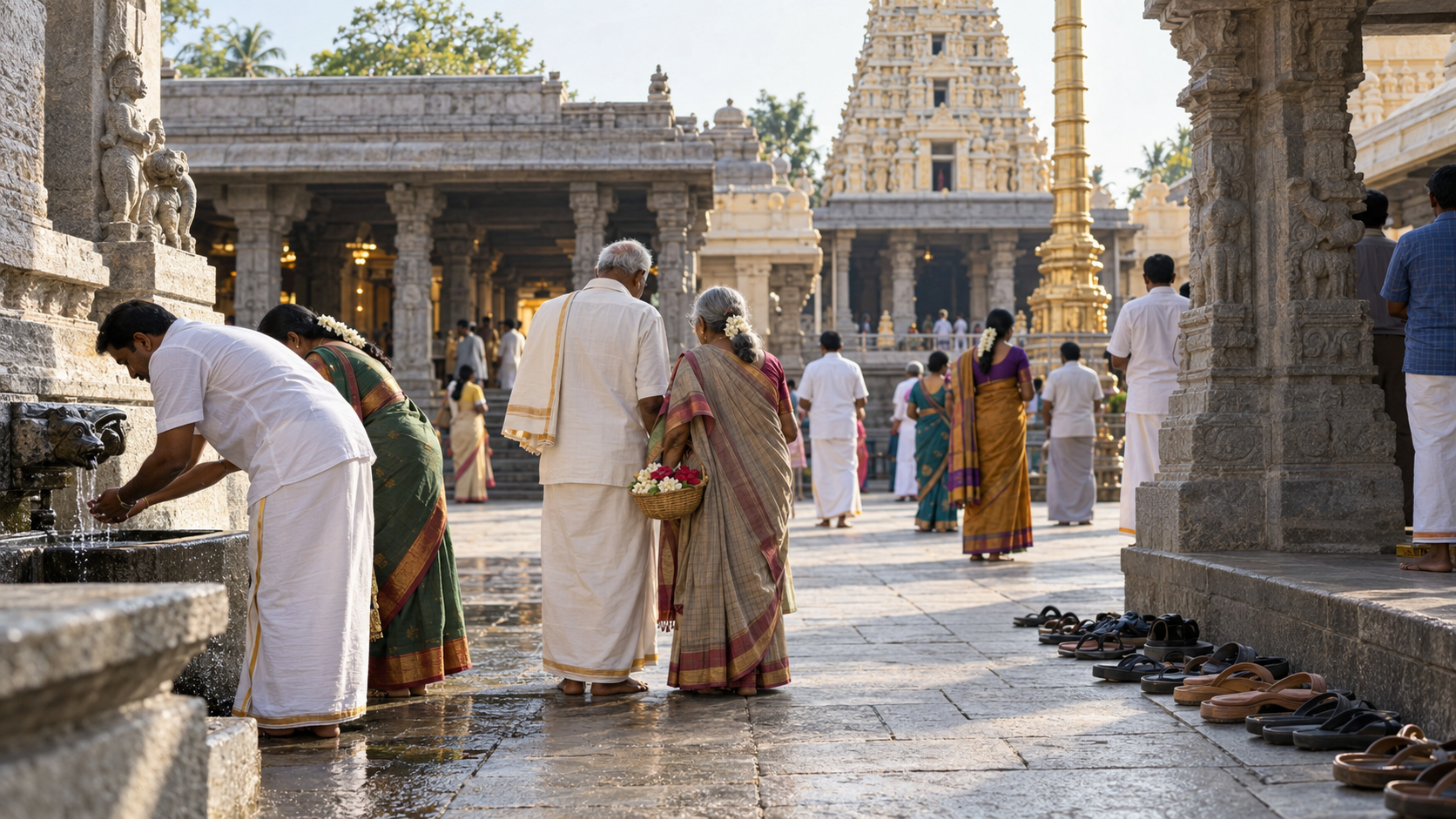 Pilgrims wash their hands and hold flower offerings while preparing for darshan in a shaded temple courtyard.