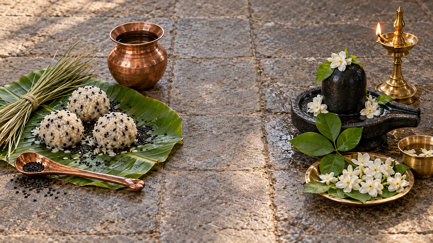 Separate ancestral offering and Shiva worship arrangements placed on opposite sides of a clean stone floor.