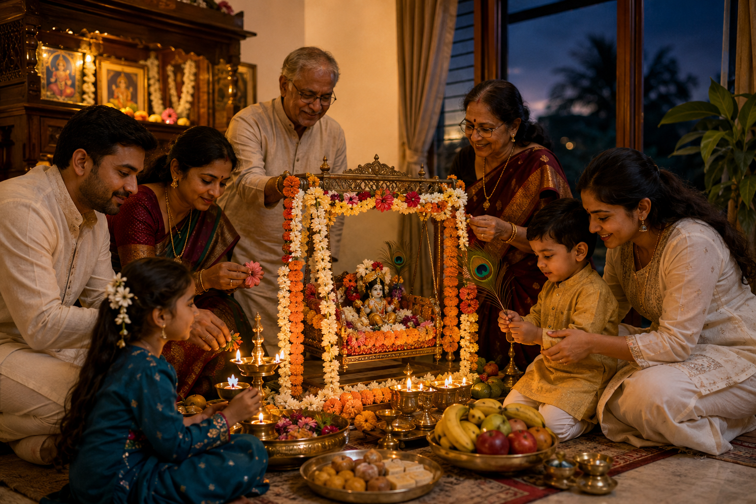 A multigenerational Hindu family prepares flowers, lamps, fruit, and a decorated Krishna cradle for Janmashtami at home.