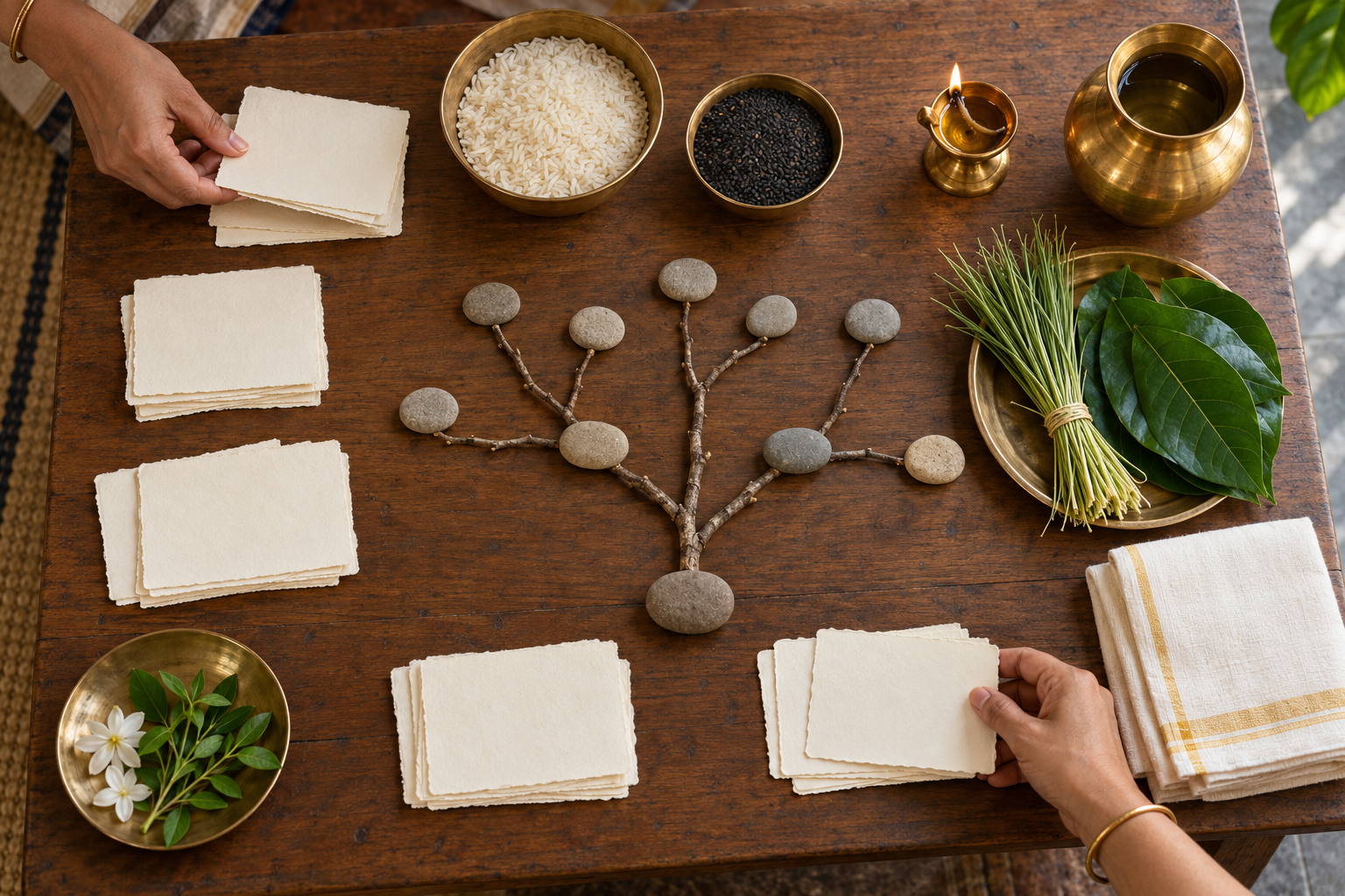 Two hands organize blank family-detail cards beside rice, sesame, darbha grass, leaves, a brass vessel and an oil lamp.