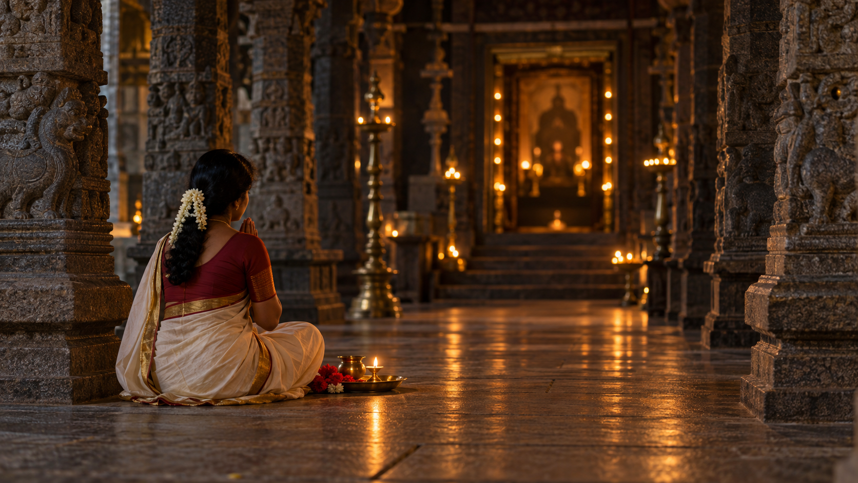 A pilgrim sits with joined hands before a softly lamp-lit sanctum in a carved stone temple hall.