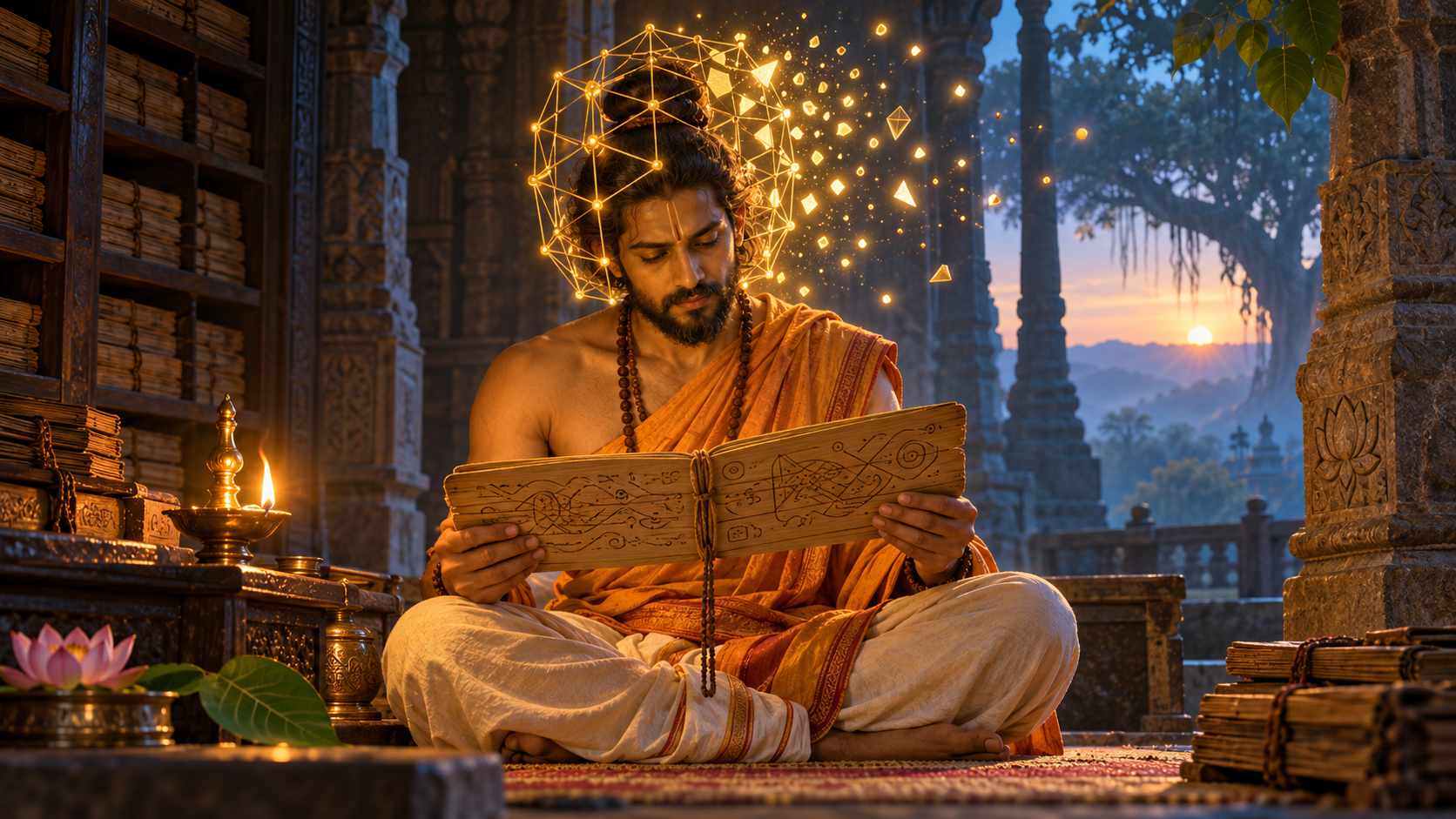 A scholar sits with an open palm-leaf manuscript as a glowing geometric lattice around the head begins to break apart in a temple library.