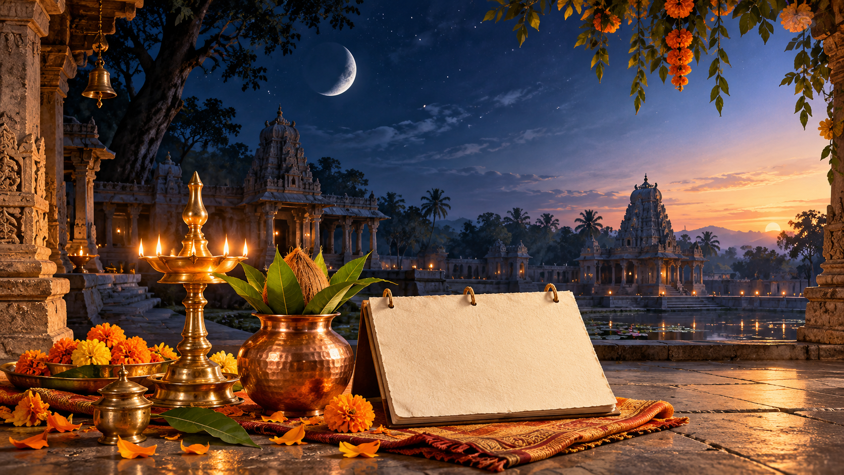 Waning crescent moon over a temple courtyard with a brass oil lamp, copper vessel, marigold petals, and a blank calendar folio.