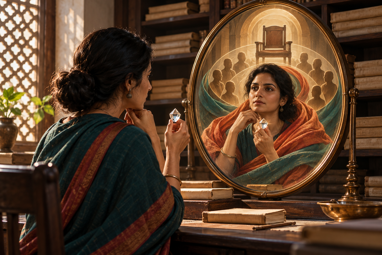 A person examines a crystal in front of a bronze mirror while symbolic protective layers appear around the reflected figure.