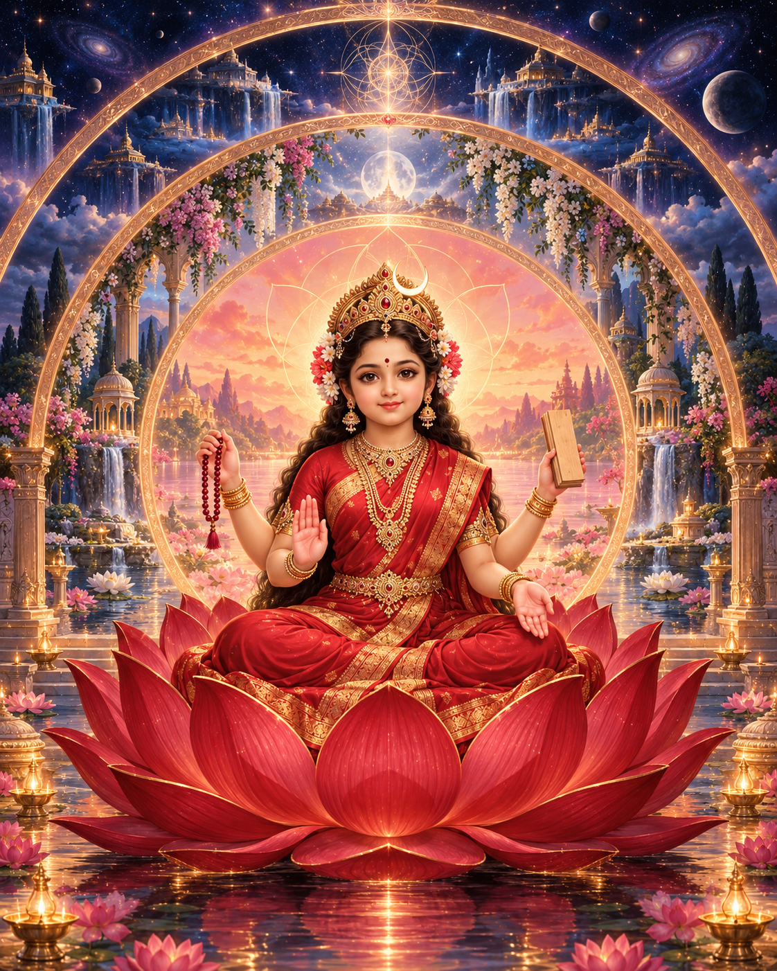 A youthful four-armed goddess in red sits on a crimson lotus, surrounded by three nested realms of golden, moonlit, and indigo light.