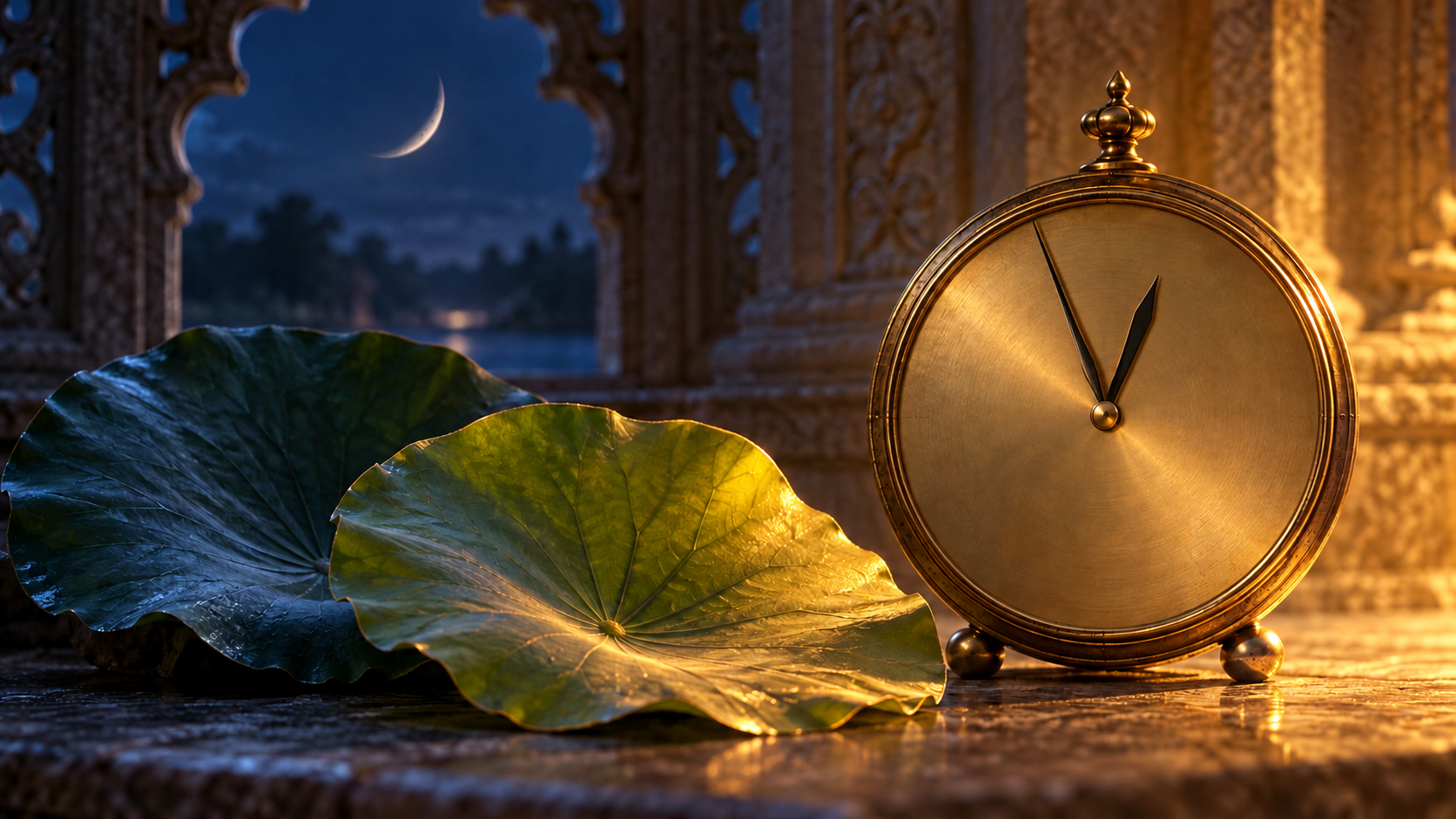 A numeral-free brass clock near one o'clock beside lotus leaves, with a waning crescent visible through a stone window.