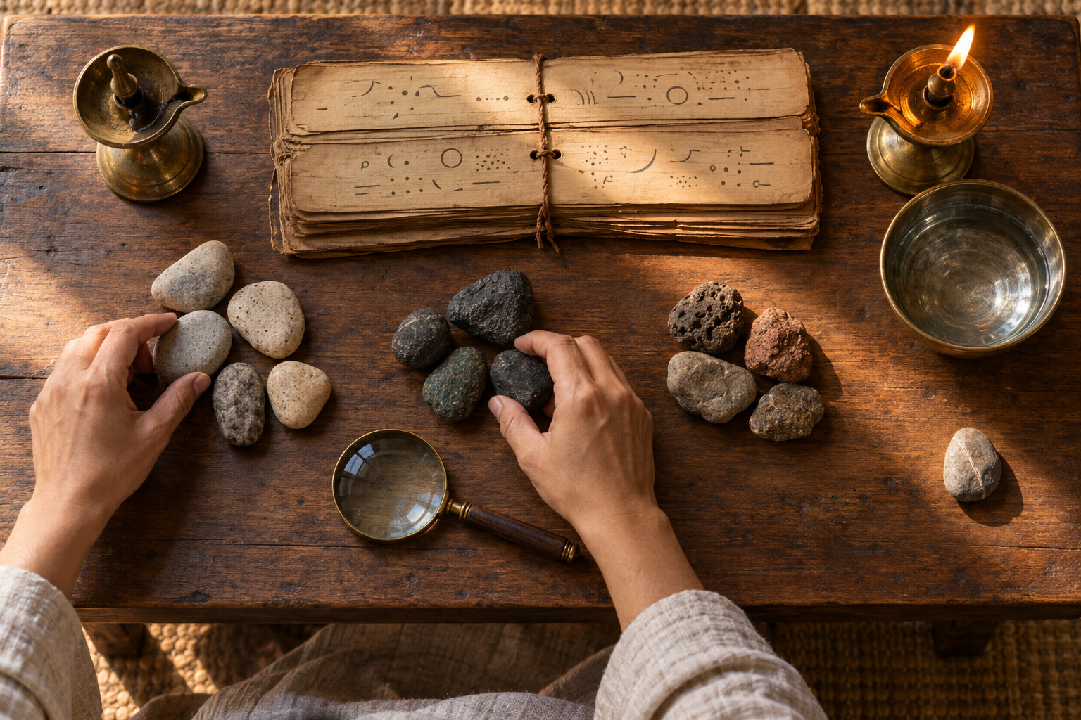 Two hands sort stones beside an open manuscript, a magnifying lens, oil lamps, and a bowl of water on a wooden table.
