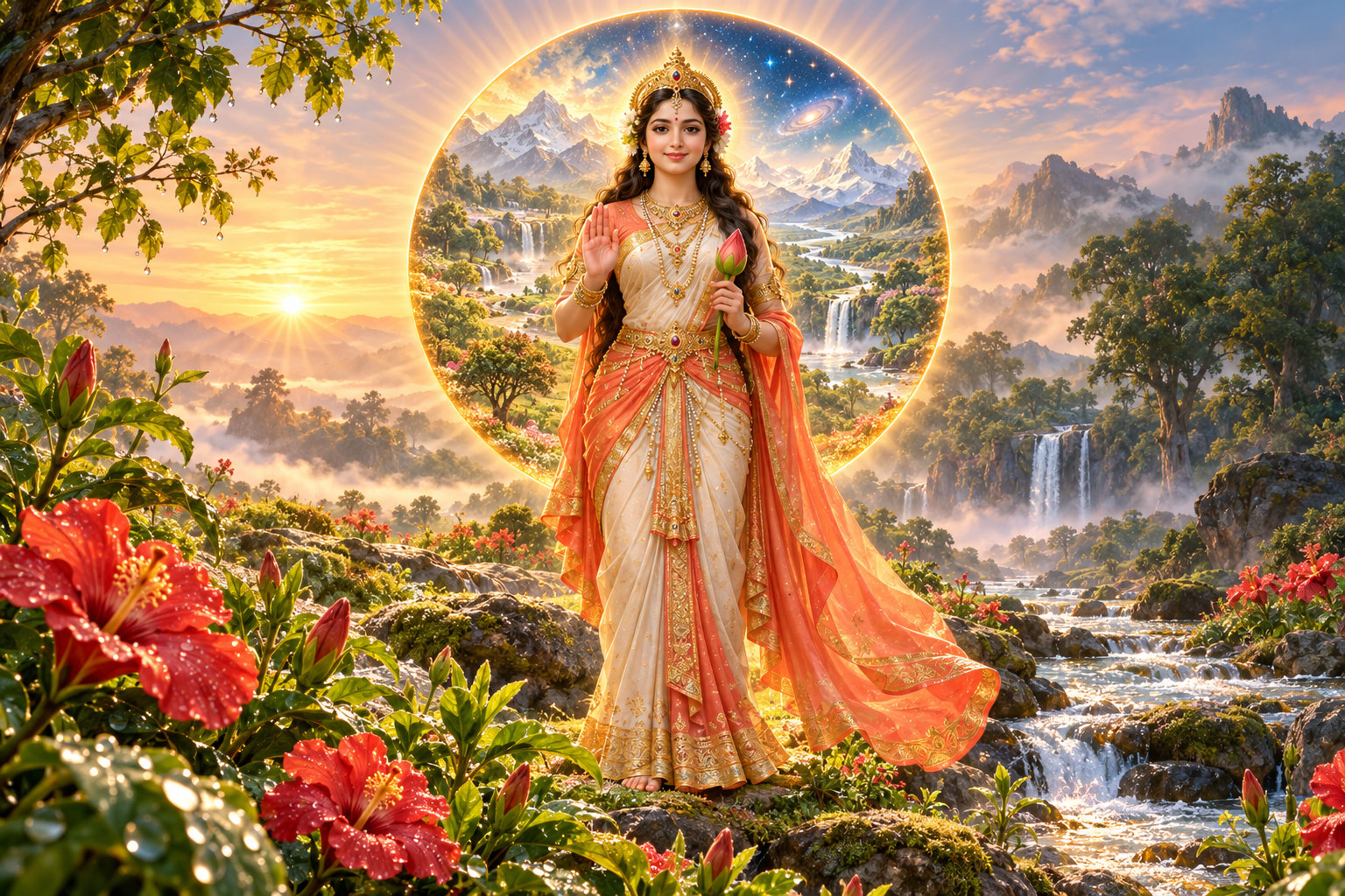A youthful goddess stands in a rain-fresh garden at dawn with a complete sunlike aura containing stars, rivers, trees, and mountains.