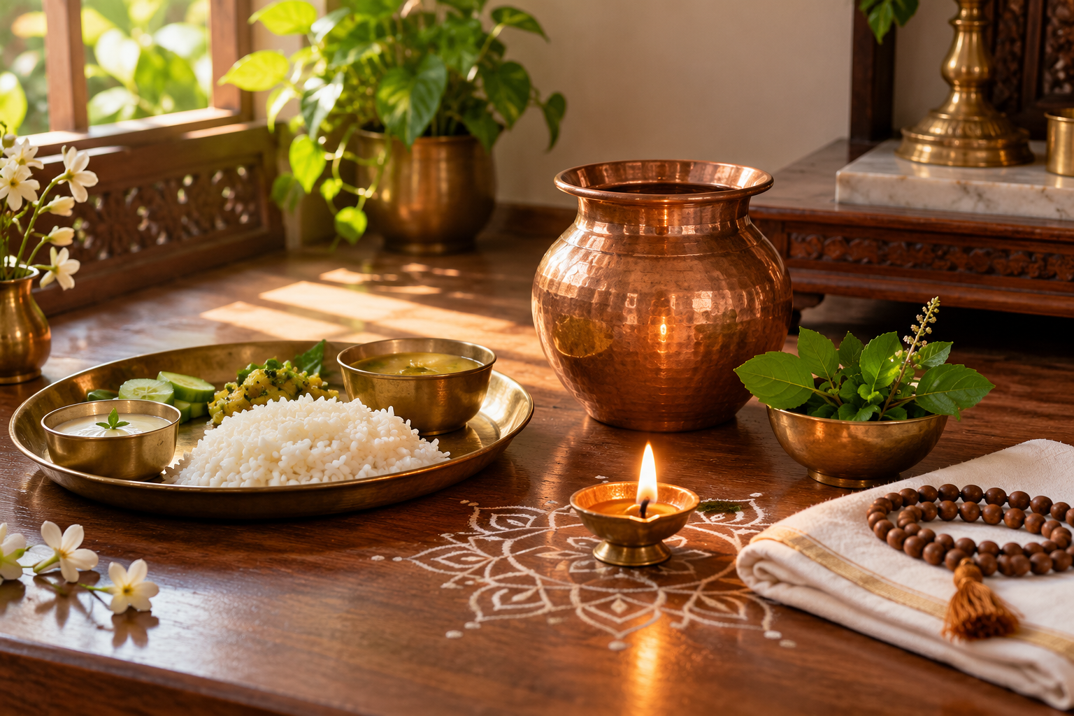 Copper water vessel, tulsi leaves, prayer beads, folded cloth, and a glowing oil lamp arranged in a home prayer space.