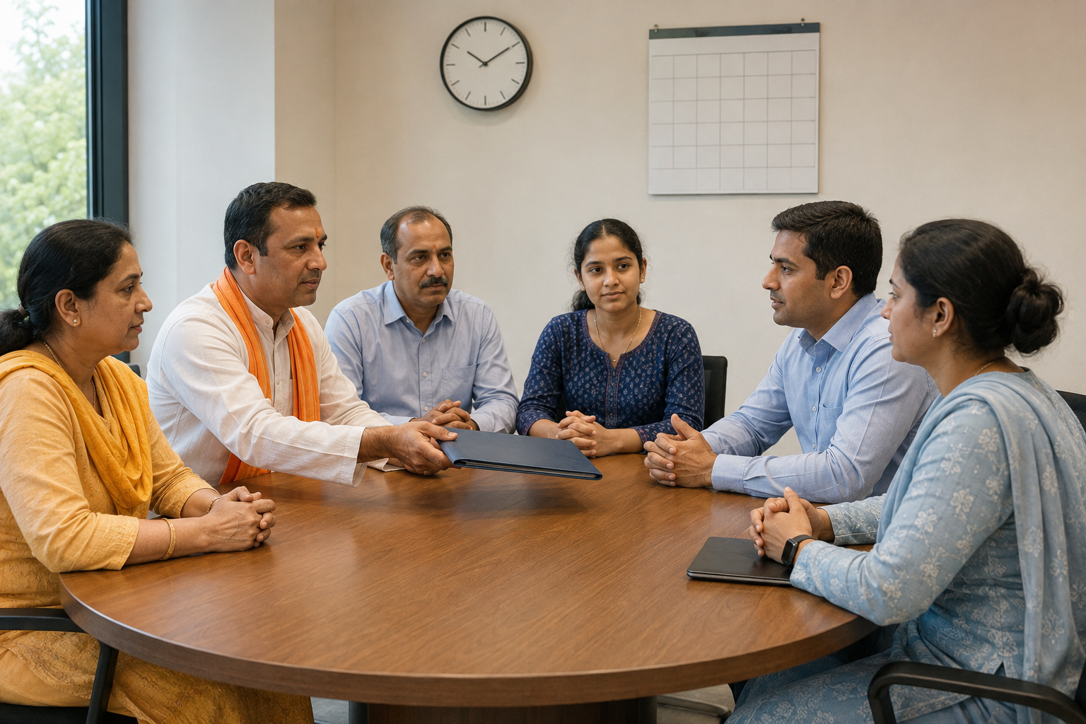 Hindu community representatives present a document folder to public administrators during a respectful civic meeting.