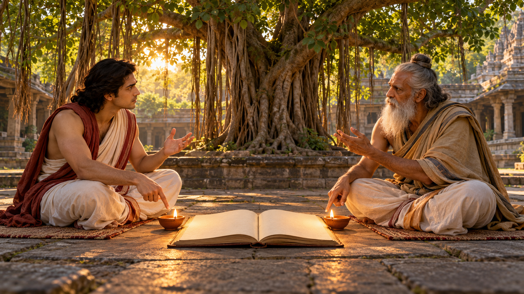 Two people discuss an open manuscript beneath a banyan tree as separate clay lamps illuminate the pages between them.