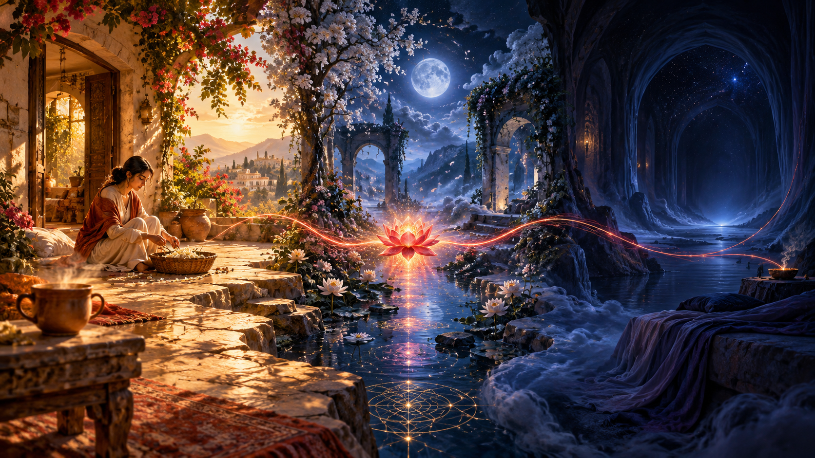 A continuous landscape moves from a sunlit courtyard to a moonlit dream garden and a dark quiet chamber, connected by one crimson-gold stream of light.