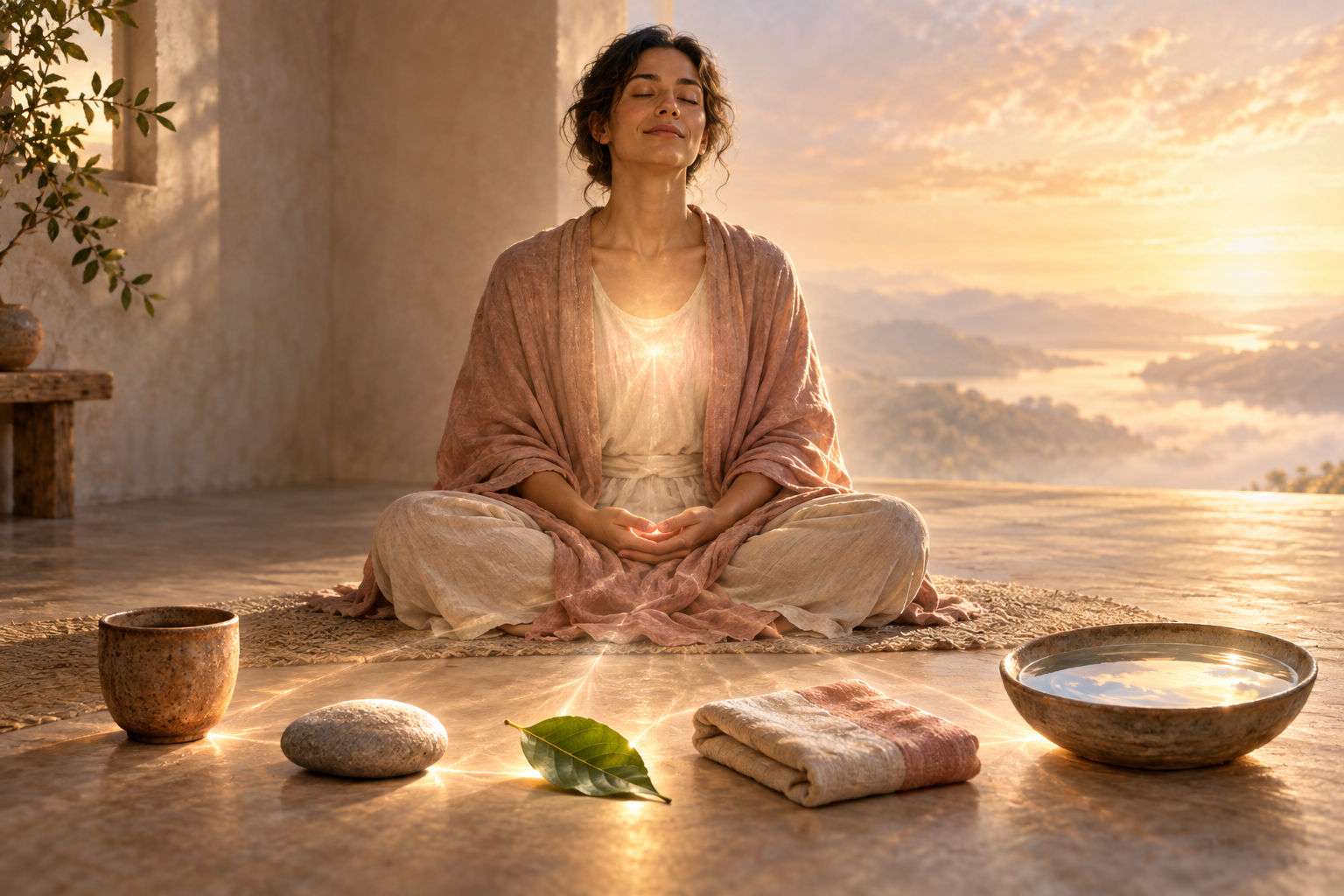 A person meditates beside a clay cup, stone, leaf, cloth, and bowl of water, all illuminated by the same soft rose-gold light.