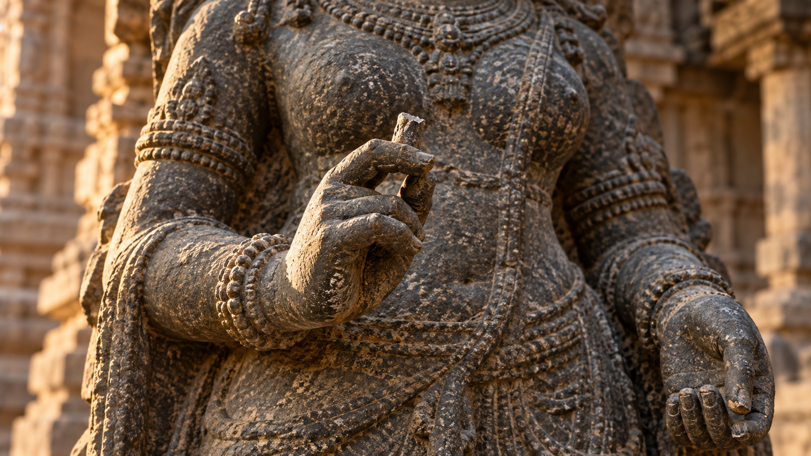 Close view of a weathered granite sacred sculpture whose curved fingers form a small grip around the broken remnant of an attribute stem.