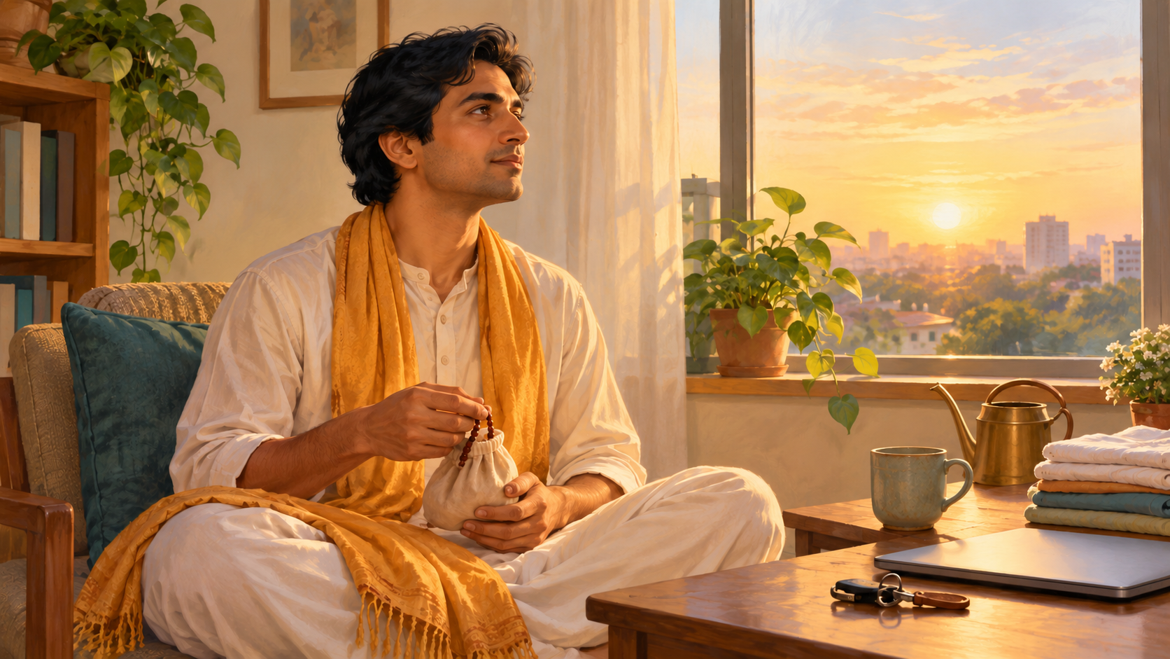 A person chants with prayer beads beside a sunlit window, surrounded by ordinary household and work items.
